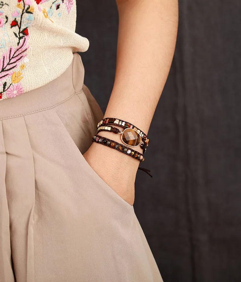 Pulsera Cuero Marrón Ojo De Tigre - Piedra Mistica