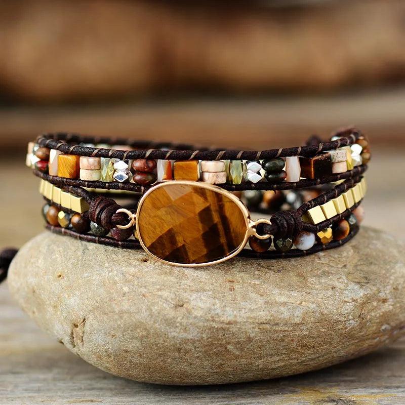 Pulsera Cuero Marrón Ojo De Tigre - Piedra Mistica