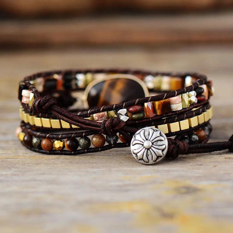 Pulsera Cuero Marrón Ojo De Tigre - Piedra Mistica