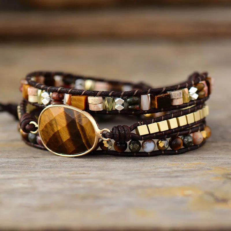 Pulsera Cuero Marrón Ojo De Tigre - Piedra Mistica
