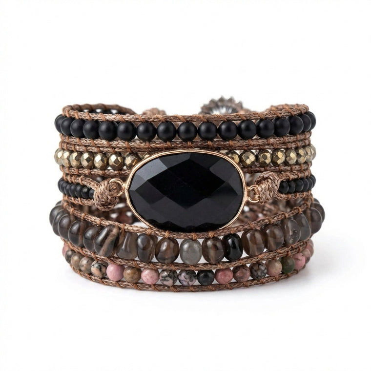 Pulsera Noire de obsidiana negra, ágata y rodonita rosa — Piedra Mistica