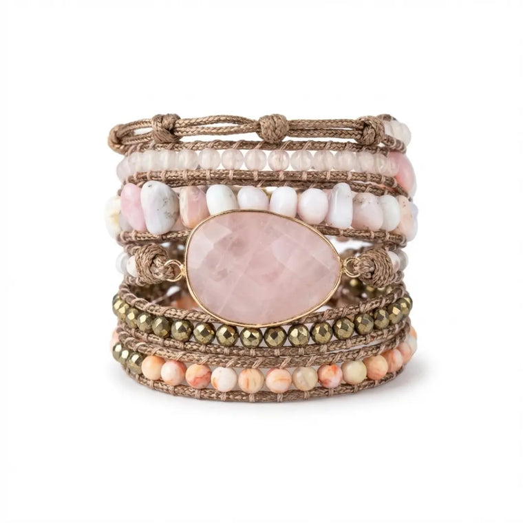 Pulsera Amorae de cuarzo rosa y jaspe salmón — técnica Chan Luu — Piedra Mistica
