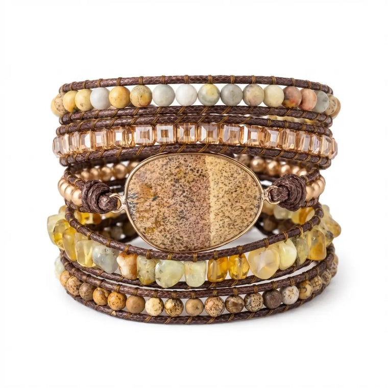 Pulsera Wrap Jaspe Citrino de jaspe madera y citrino con cristales facetados y acabados dorados — Piedra Mistica