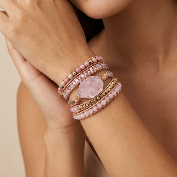 Pulsera Corazón Sanador - Cristal de Cuarzo Rosa Artesanal