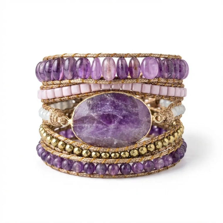 Pulsera Escudo Interior de amatista natural y hematita dorada — Piedra Mistica