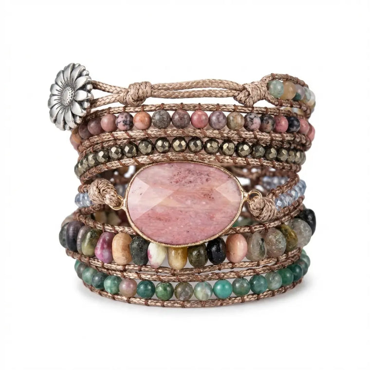 Pulsera Lysara de rodonita, hematita y ágata india — artesanal — Piedra Mistica