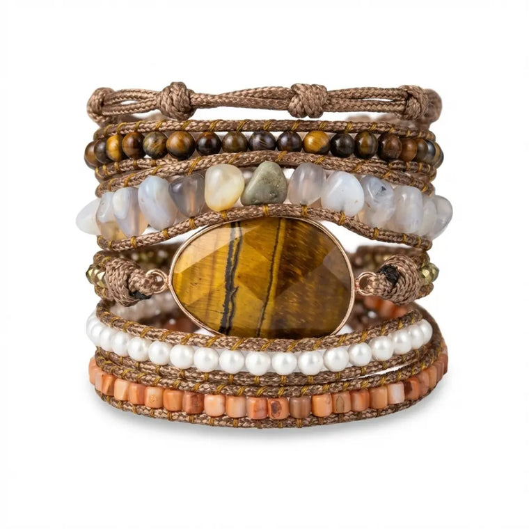 Pulsera wrap de ojo de tigre y ágata marrón con detalles dorados — Piedra Mistica