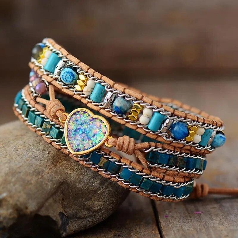 Pulsera Corazón De Ópalo Boho Chic - Piedra Mistica