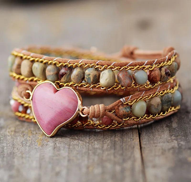 Pulsera Corazón de Jaspe Rosa - Piedra Mistica