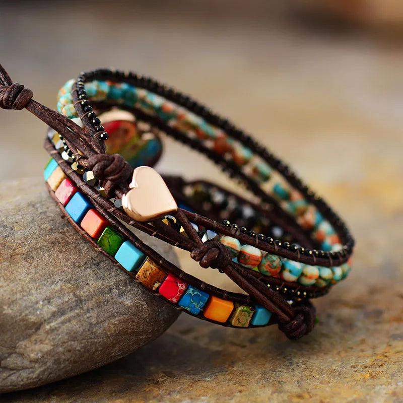 Pulsera Corazón de Piedra Jaspe en 3 Vueltas - Piedra Mistica