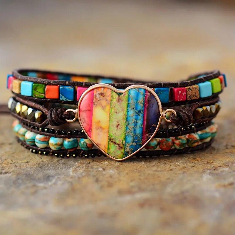 Pulsera Corazón de Piedra Jaspe en 3 Vueltas - Piedra Mistica