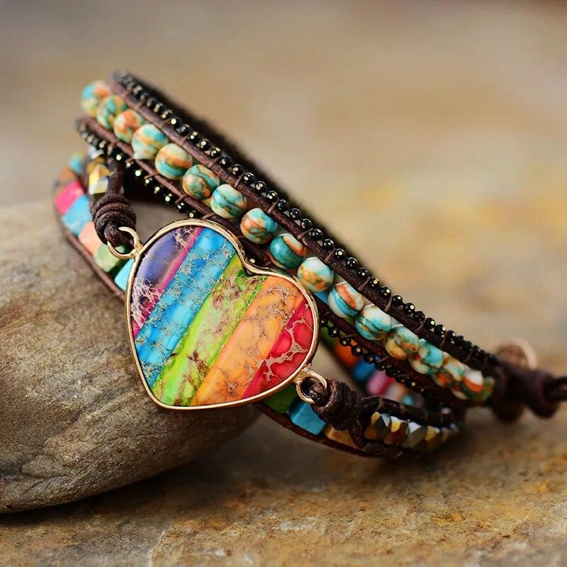 Pulsera Corazón de Piedra Jaspe en 3 Vueltas - Piedra Mistica
