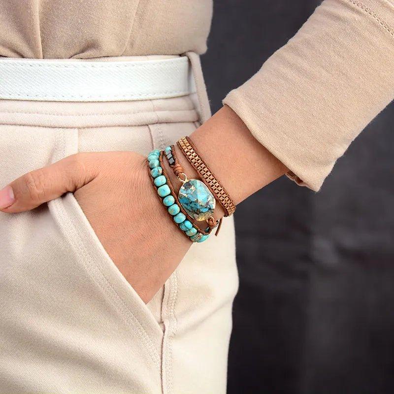 Pulsera De Cuero Ajustable Turquesa - Piedra Mistica