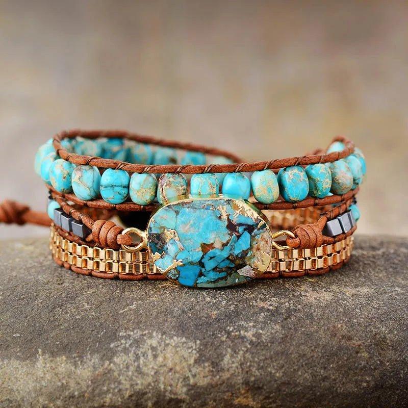 Pulsera De Cuero Ajustable Turquesa - Piedra Mistica