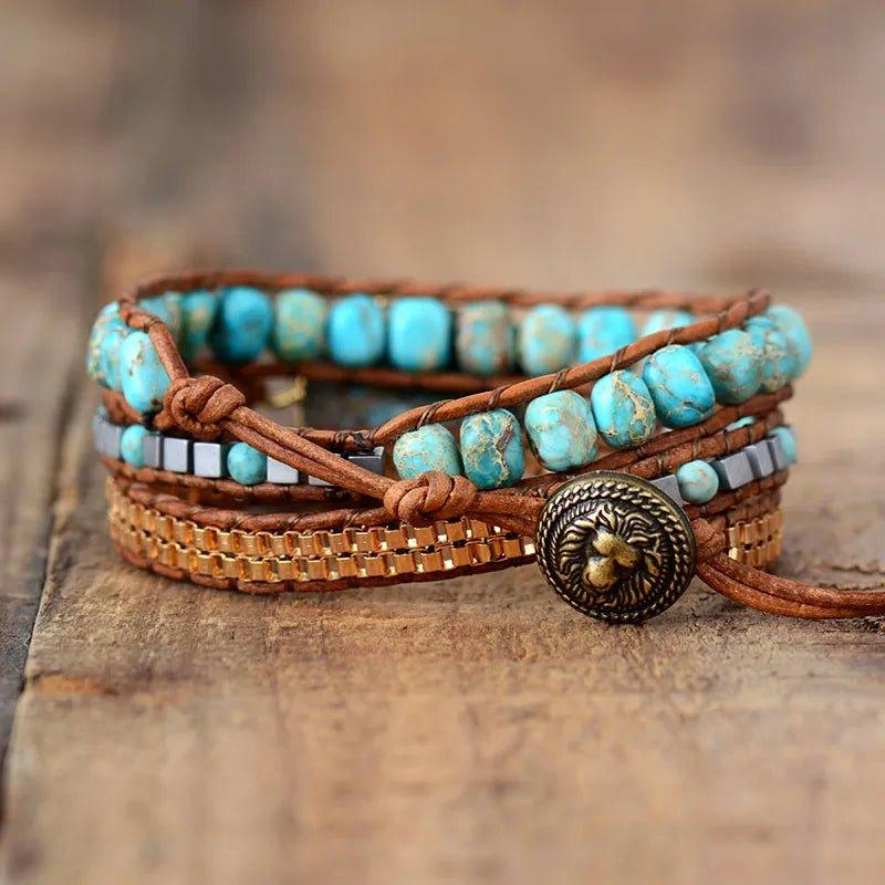 Pulsera De Cuero Ajustable Turquesa - Piedra Mistica