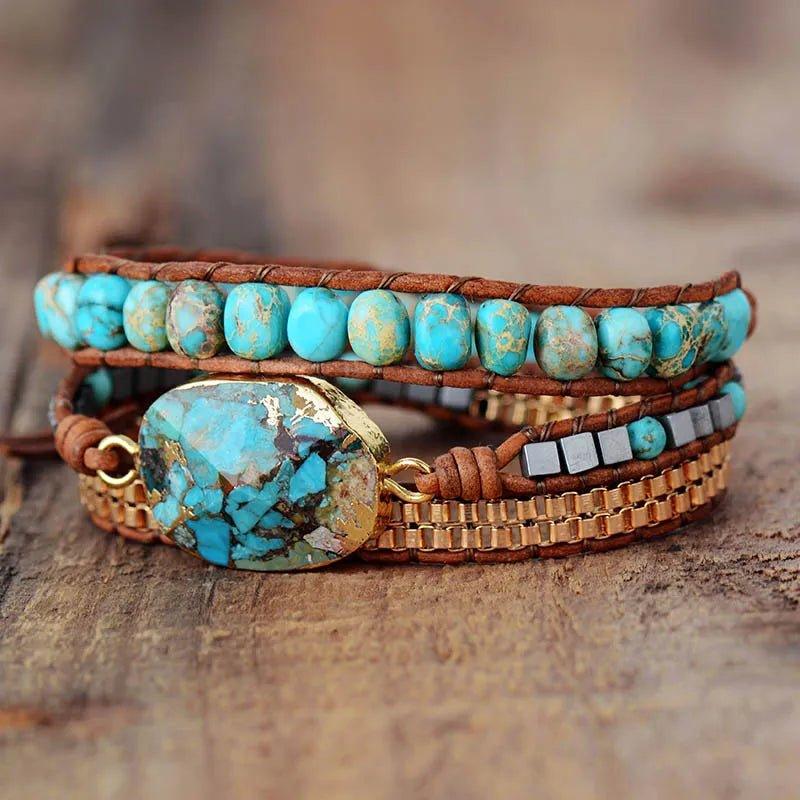 Pulsera De Cuero Ajustable Turquesa - Piedra Mistica