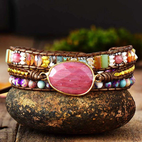 Pulsera De Cuero Jaspe Rosa - Piedra Mistica