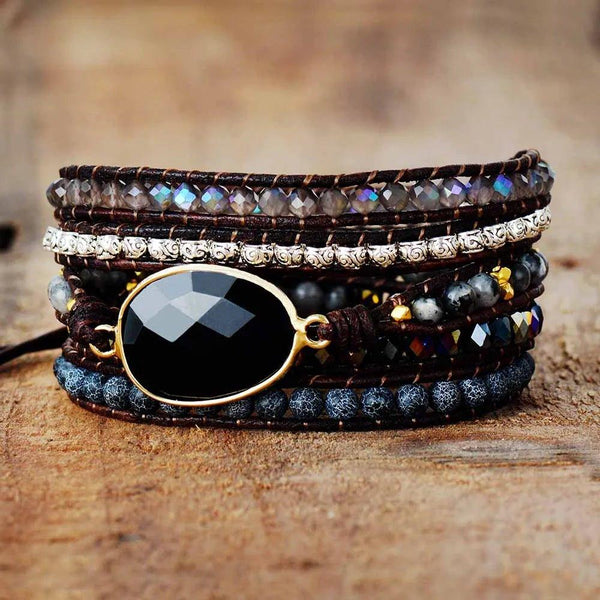 Pulsera De Cuero Onix Negro - Piedra Mistica
